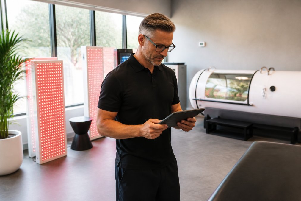 Wellness facility manager reviewing recovery equipment specifications on a tablet while standing in modern recovery room with red light therapy panels and hyperbaric chamber visible in the background, natural lighting from large windows