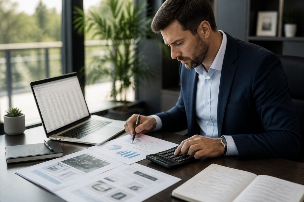 Business professional at desk with laptop open showing financial spreadsheet, calculator, and recovery equipment investment documents spread across workspace, focused expression while analyzing data