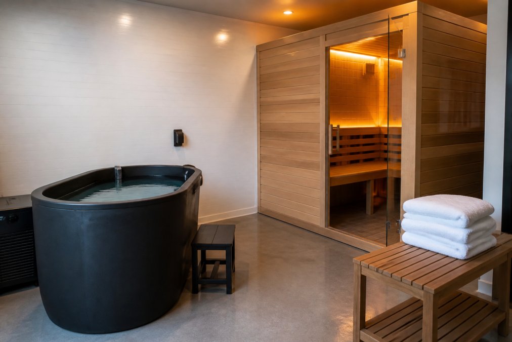 A clean, modern commercial recovery room featuring a cold plunge tub and infrared sauna cabin positioned side by side, with warm ambient lighting, moisture-resistant white wall panels, and neatly folded white towels arranged on a wooden bench