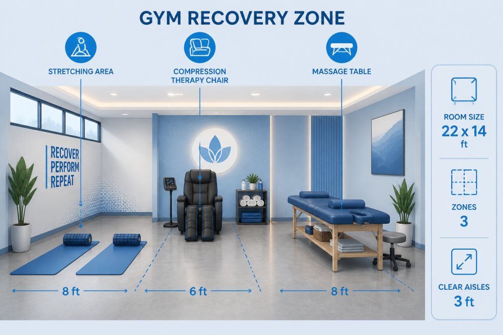 Wide-angle view of a well-organized gym recovery zone showing a stretching area with foam rollers on the floor, a compression therapy chair, and a massage table along the far wall, with soft warm ambient lighting and clean sealed concrete flooring