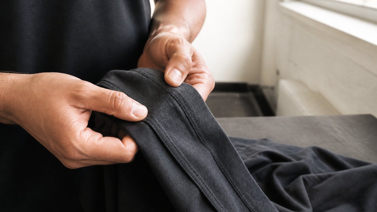 Close-up of a person's hands examining the fabric and stitching of a heavy cotton gym shirt in a bright room