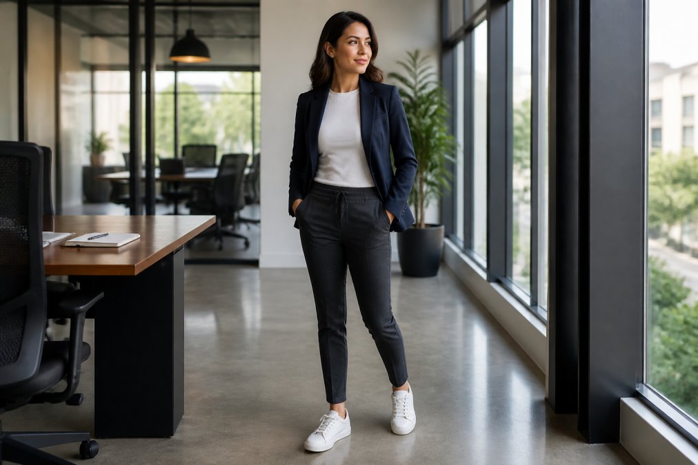 Professional woman wearing performance pants in charcoal gray, a fitted moisture-wicking base layer in white, a structured blazer in navy, and minimalist leather sneakers, standing in a modern office environment with natural window lighting