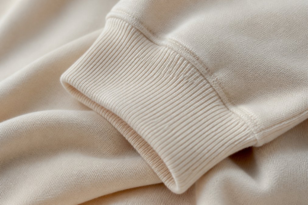 Close-up of soft organic cotton fabric texture with visible rib-knit construction on cream-colored loungewear cuffs, showing the fine weave detail and quality stitching