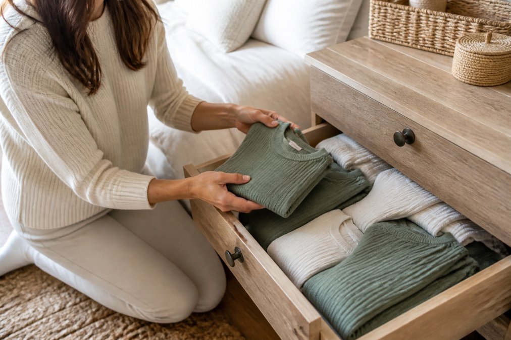 Parent carefully folding and organizing a matching family loungewear set in a bedroom drawer, demonstrating proper storage technique with soft natural lighting