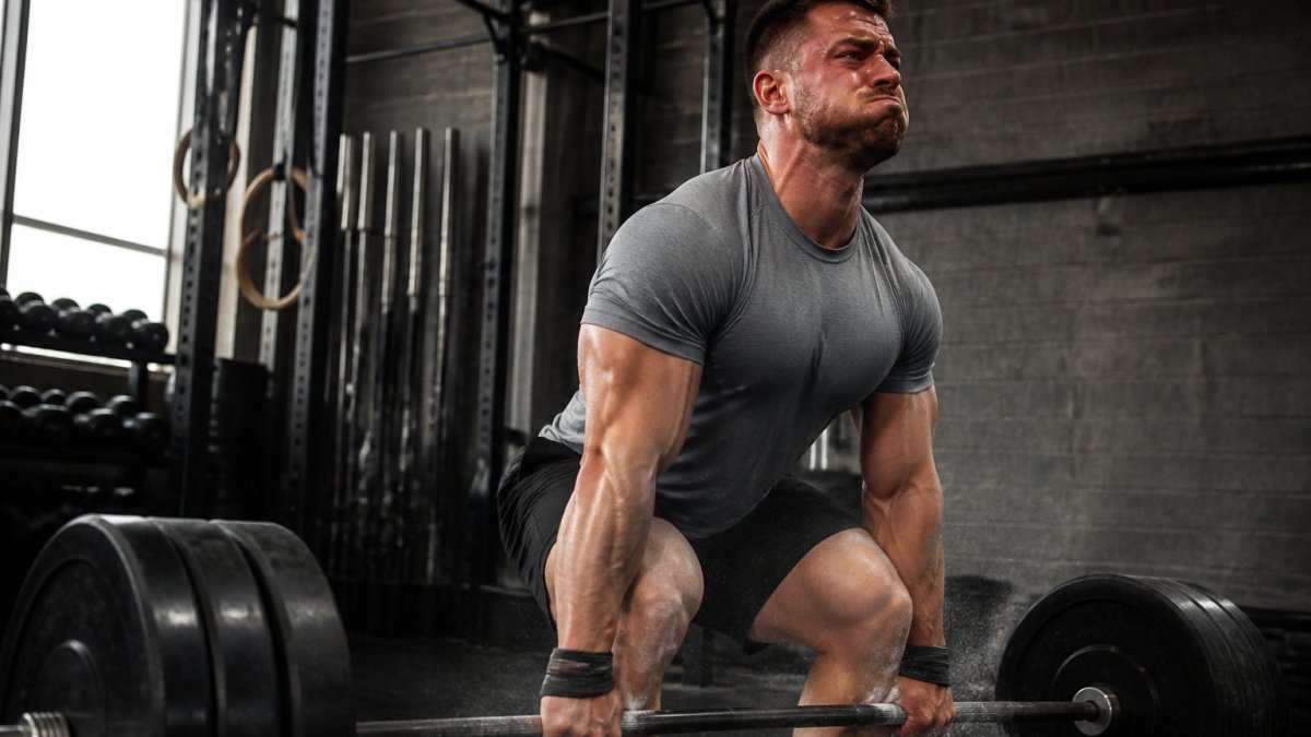 Muscular lifter performing a heavy deadlift in a gritty gym while wearing a fitted moisture-wicking workout shirt