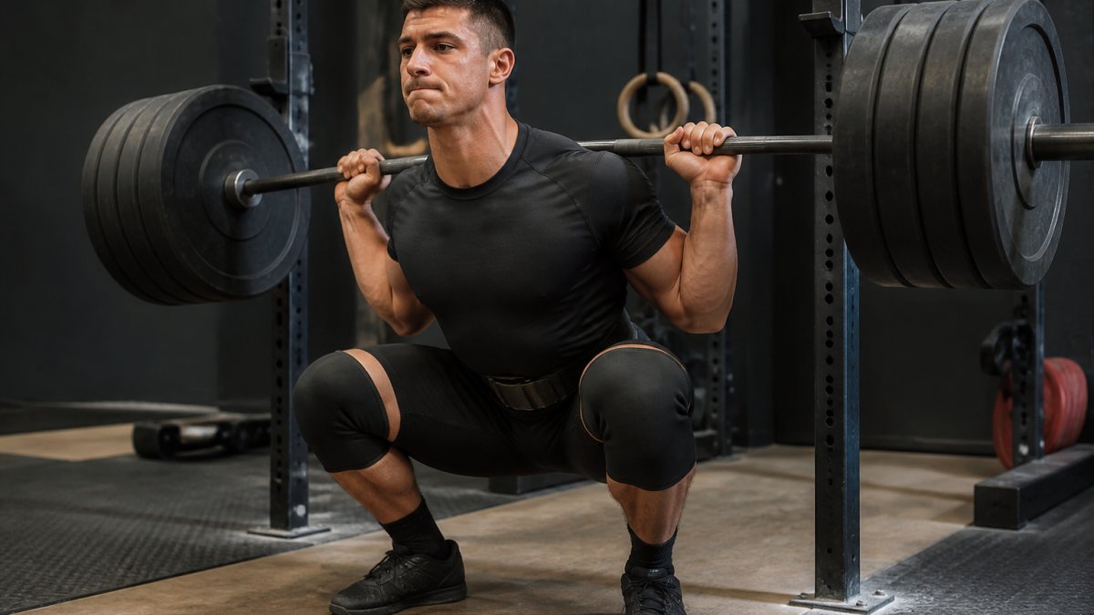 Athlete performing heavy barbell squat in fitted gym apparel, showing fabric compression and range of motion during intense lifting