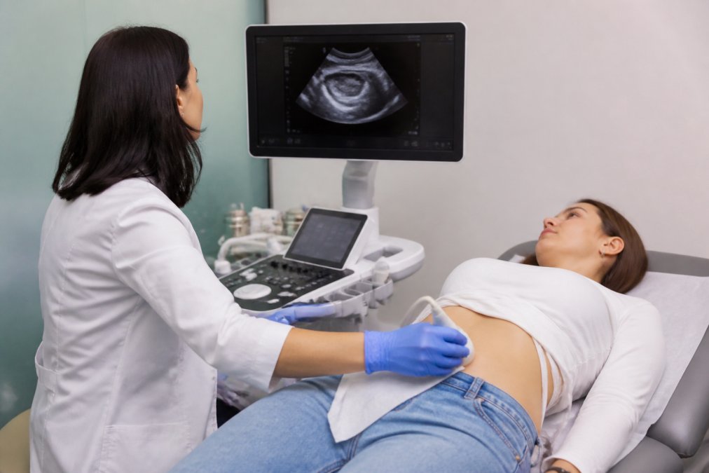 Healthcare professional conducting a pelvic ultrasound scan on a patient in a modern clinical setting, with the ultrasound monitor visible showing detailed imaging in soft clinical lighting