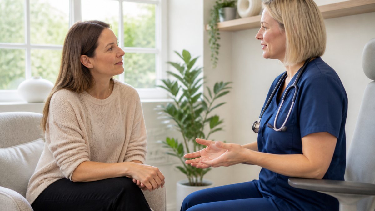 Woman in consultation room speaking with healthcare professional, both seated comfortably with natural light through windows, conveying calm and focused one-on-one care environment