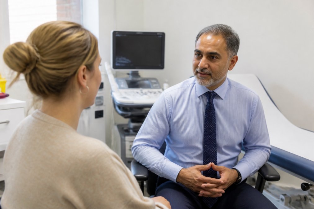 A female patient in a bright, modern consultation room speaking with a consultant gynaecologist. The doctor, a man in his 50s wearing a shirt and tie, is listening attentively. An ultrasound machine is visible in the background. The scene feels reassuring and professional.