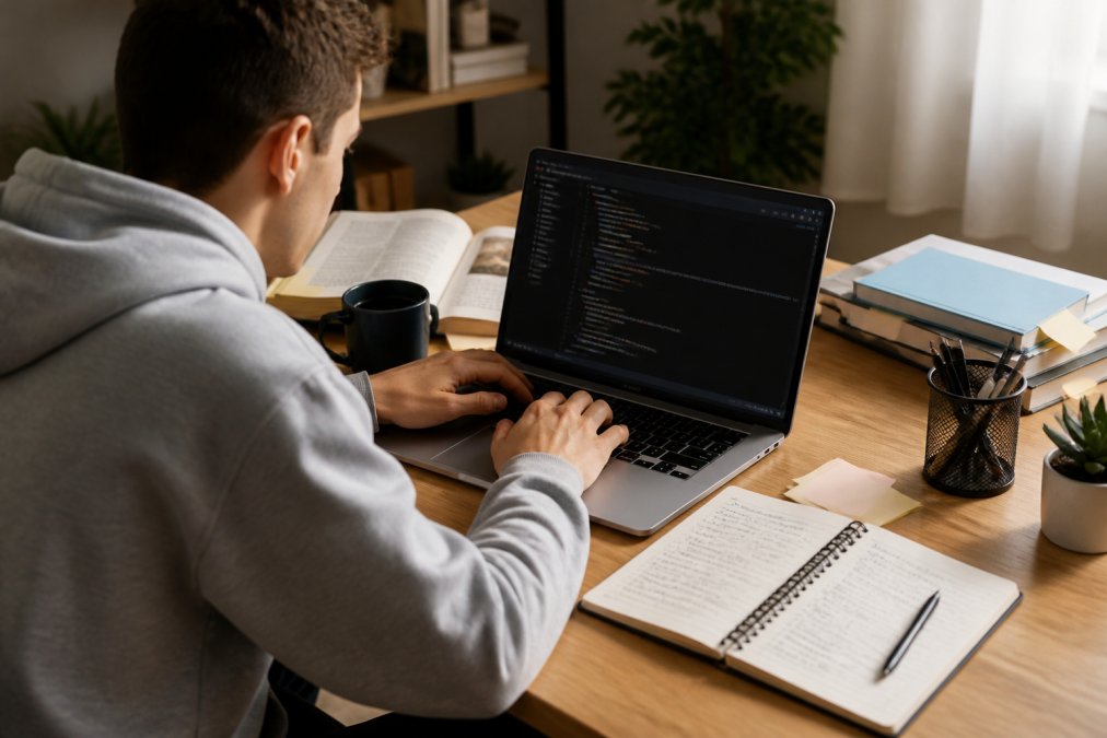 Estudiante trabajando en su laptop con código visible en la pantalla, rodeado de notas de aprendizaje y materiales de estudio en un espacio de trabajo bien iluminado