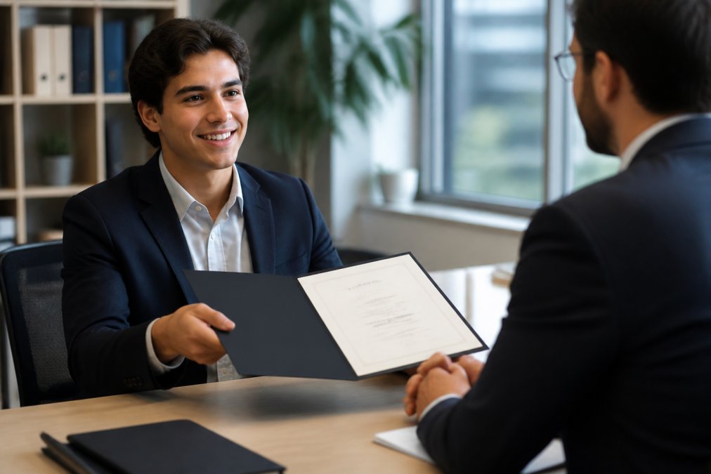 Profesional joven mostrando su certificado digital en una entrevista de trabajo con un reclutador en una oficina moderna con iluminación natural