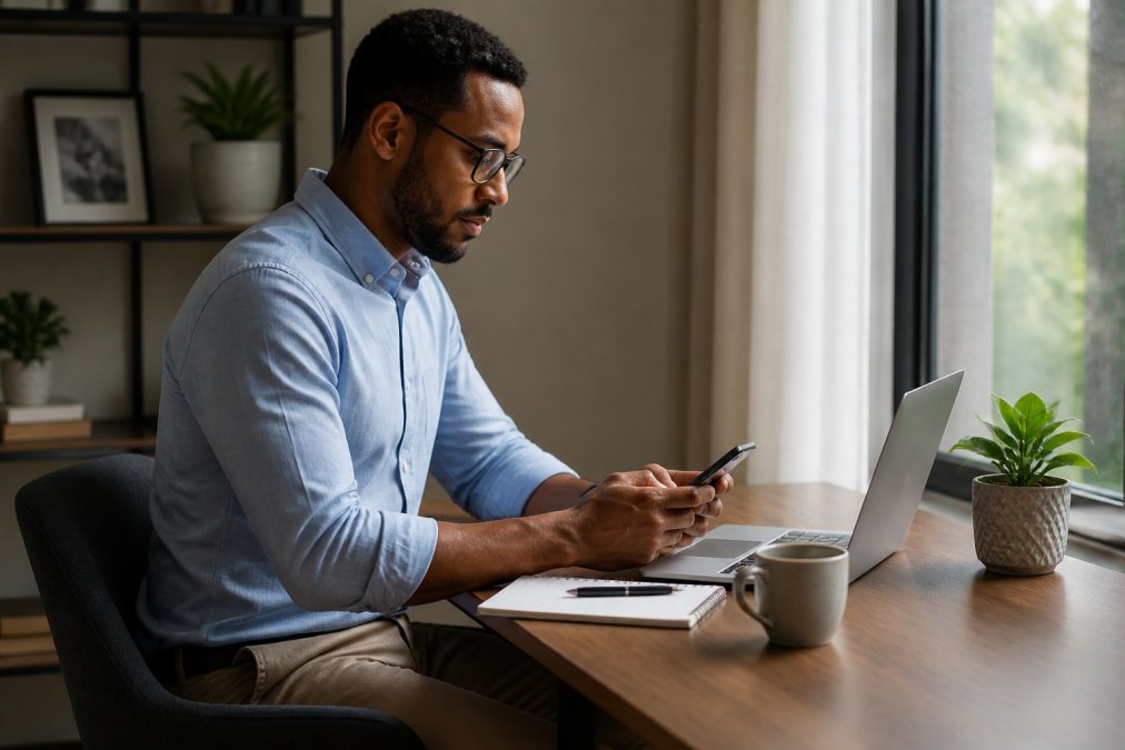 Professional in business casual attire reviewing habit tracker on smartphone whilst seated at desk with laptop and morning coffee, natural office lighting