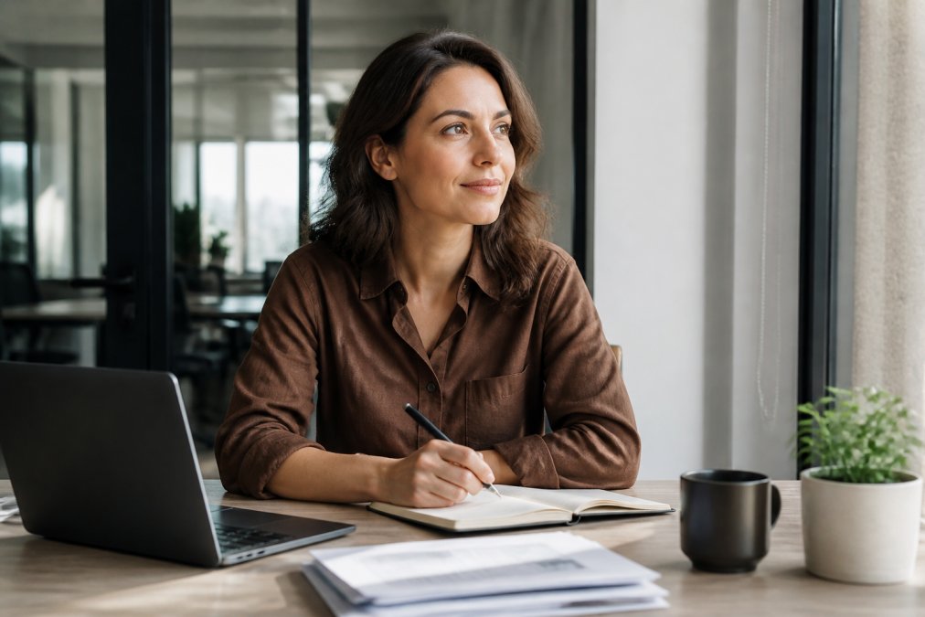 Busy professional in modern office environment taking focused break with notebook and pen, sitting calmly with confident expression, natural window lighting