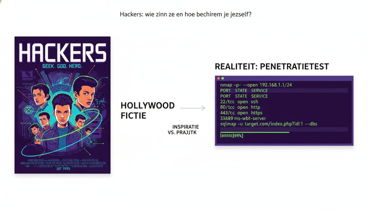 Hackers: wie zijn ze en hoe bescherm je jezelf? 2 Bioscoopaffiche van de film Hackers uit 1995 naast een screenshot van een moderne terminal met een penetratietest in uitvoering, ter illustratie van het contrast tussen Hollywood en werkelijkheid