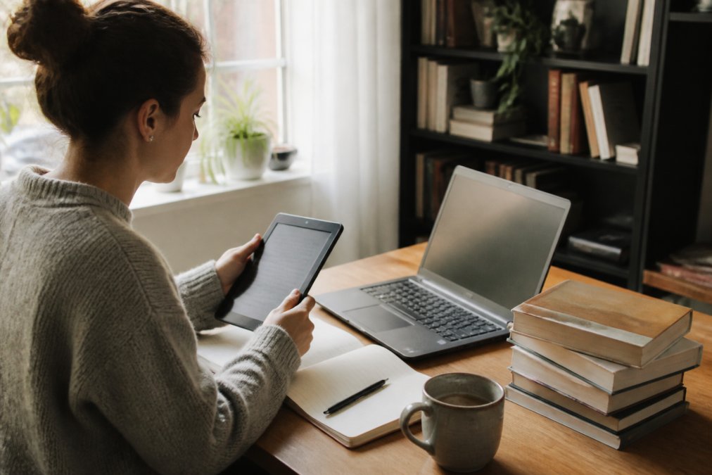 Person sitting at a desk with a notebook and coffee, reading on a tablet while tracking books on a laptop screen, natural window lighting casting soft shadows on the workspace