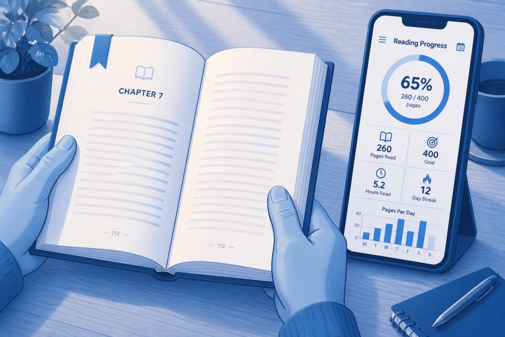 Close-up of hands holding a physical book with a smartphone displaying a reading tracker app nearby on a wooden table, warm afternoon lighting highlighting the book's pages and the screen