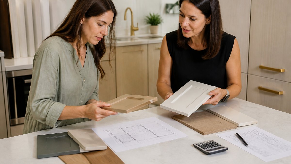 A homeowner and a kitchen designer reviewing cabinet door samples and a floor plan laid out on a benchtop in a bright showroom