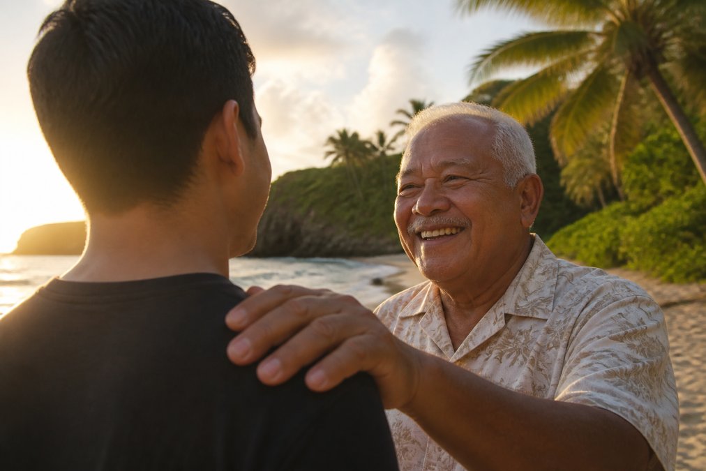 A warm, candid photo of a smiling Pacific Islander elder greeting a younger person on a sunny tropical beach, the elder's hand resting on the younger person's shoulder, golden hour lighting