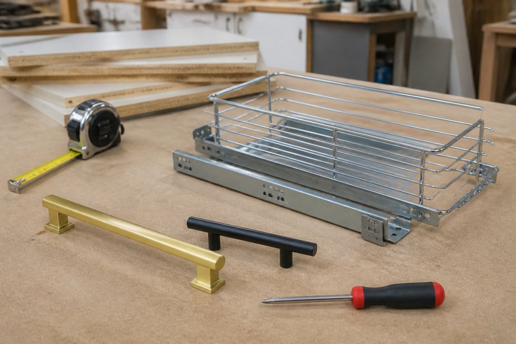 Brushed brass and matt black handles with a chrome storage basket on a joinery workshop bench.