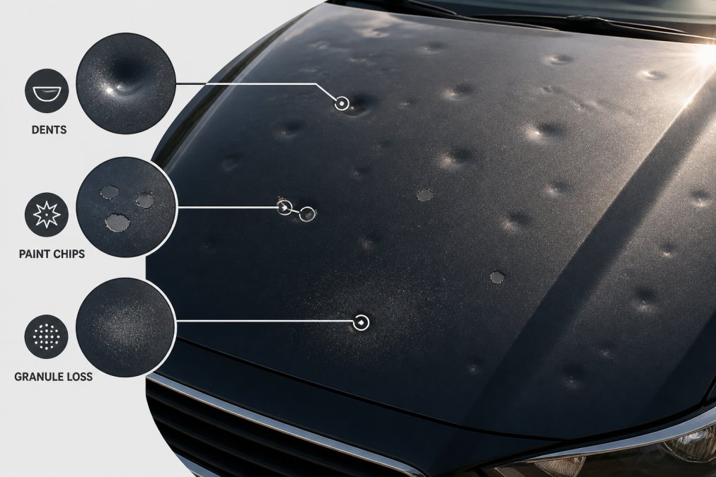 Close-up of a dark metallic car hood showing multiple shallow hail dents and granule loss on the paint surface under bright natural sunlight