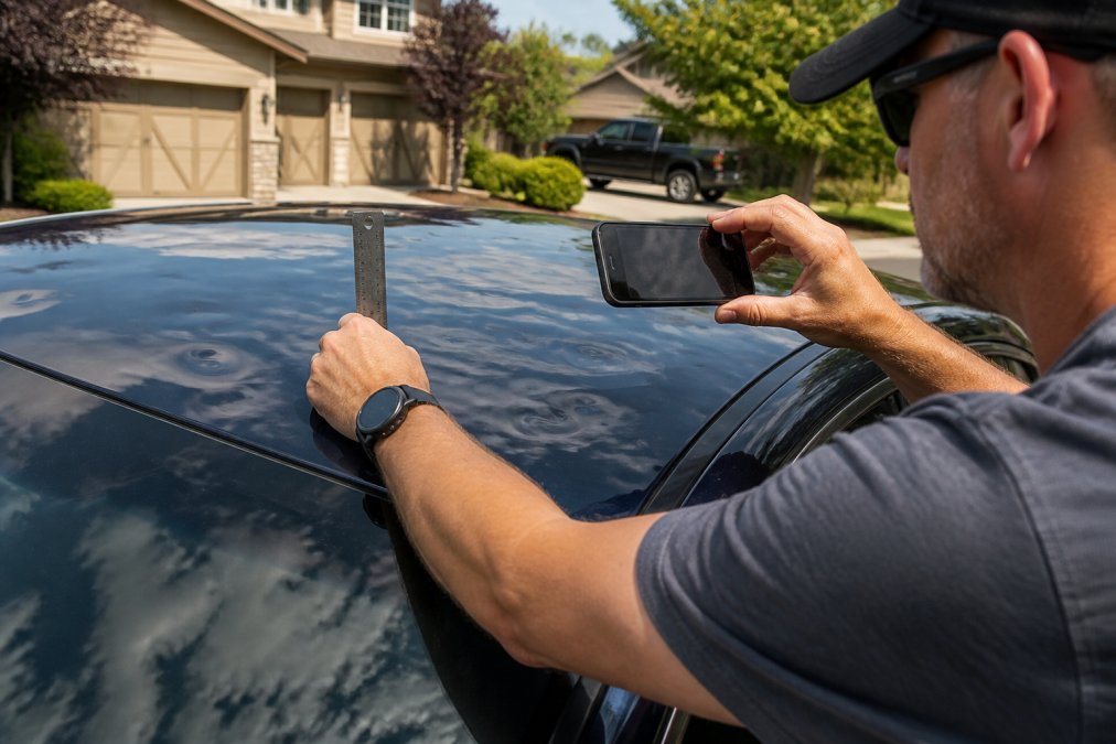 A person photographing hail dents on a car roof with a smartphone, holding a metal ruler next to a dent for scale, standing outdoors in clear afternoon daylight