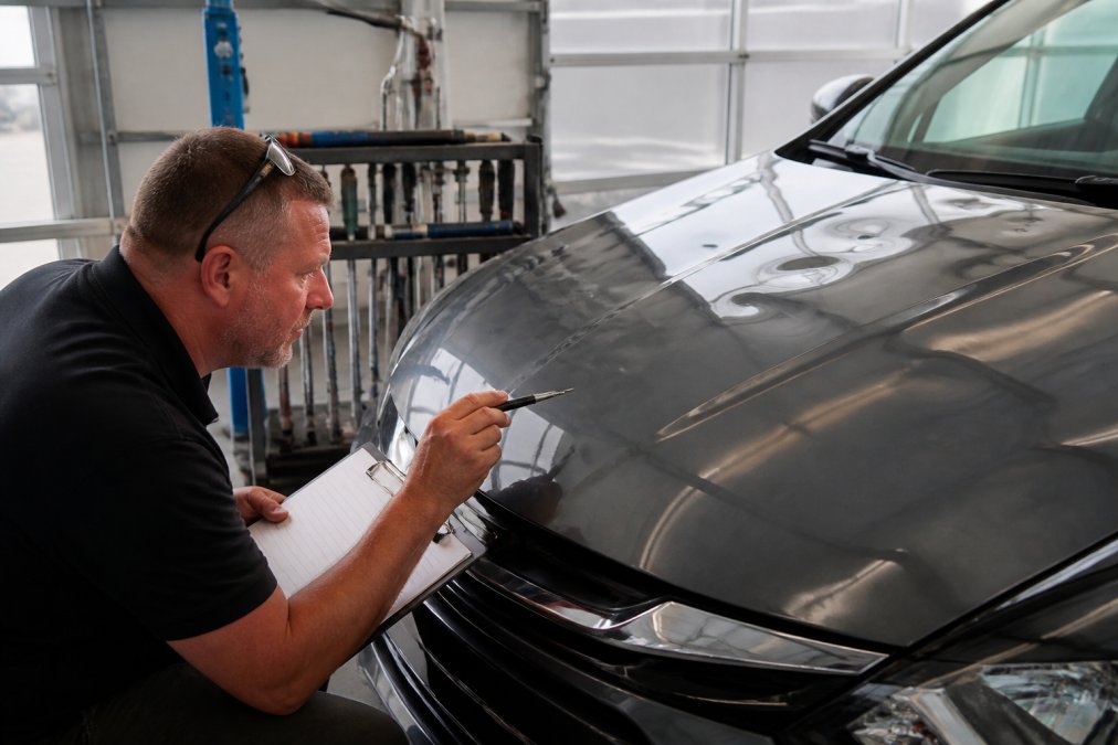 Professional technician inspecting hail dent patterns on vehicle hood with specialized PDR tools and documentation clipboard in bright workshop lighting