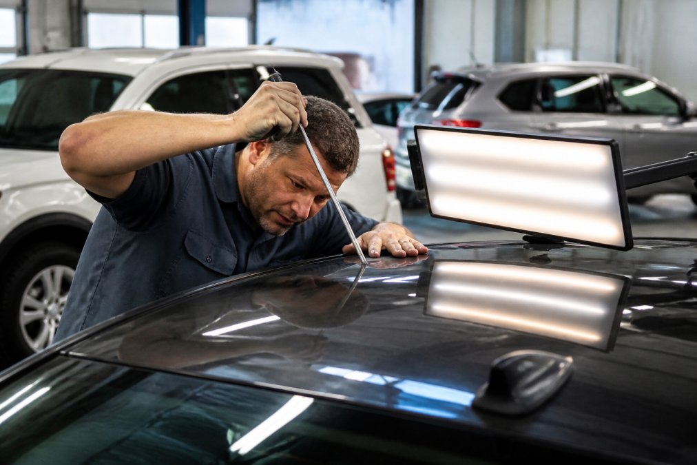 A certified technician using a paintless dent repair rod and reflective light board on a car roof panel inside a clean, brightly lit repair bay, with dent-free panels visible in the background