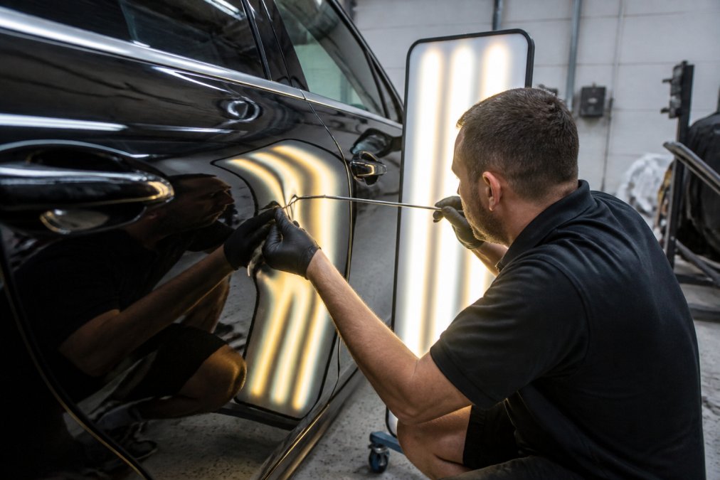 A PDR technician using a precision metal rod tool to work out a hail dent on a high-gloss black luxury car door panel, with a bright LED reflection board positioned behind the technician illuminating the panel surface in a clean workshop setting