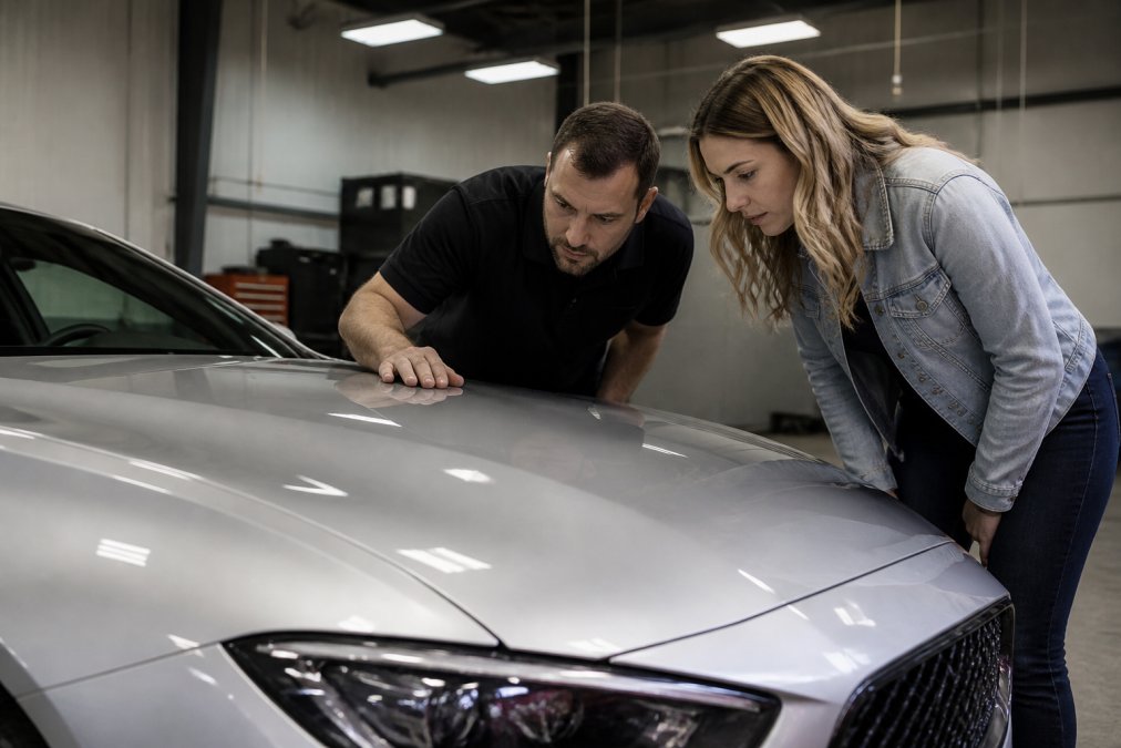 A PDR technician and a car owner standing together at the front of a freshly repaired silver luxury sedan under bright overhead workshop lighting, both leaning in to closely examine the hood surface at a low angle