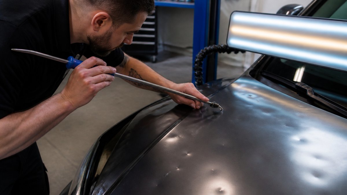 Professional demonstrating hail damage repair garland technique with specialized PDR tools on vehicle hood showing multiple dents in natural workshop lighting