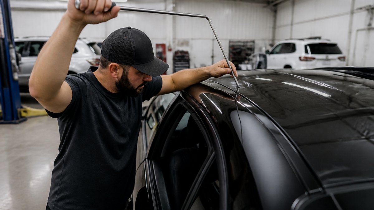 Technician using specialized metal rods and precision tools to perform paintless dent repair on a hail-damaged vehicle roof in a bright, modern auto shop facility