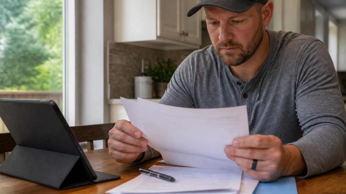 Vehicle owner reviewing repair documentation and warranty paperwork at a table with a tablet and pen, examining written warranty terms under natural lighting