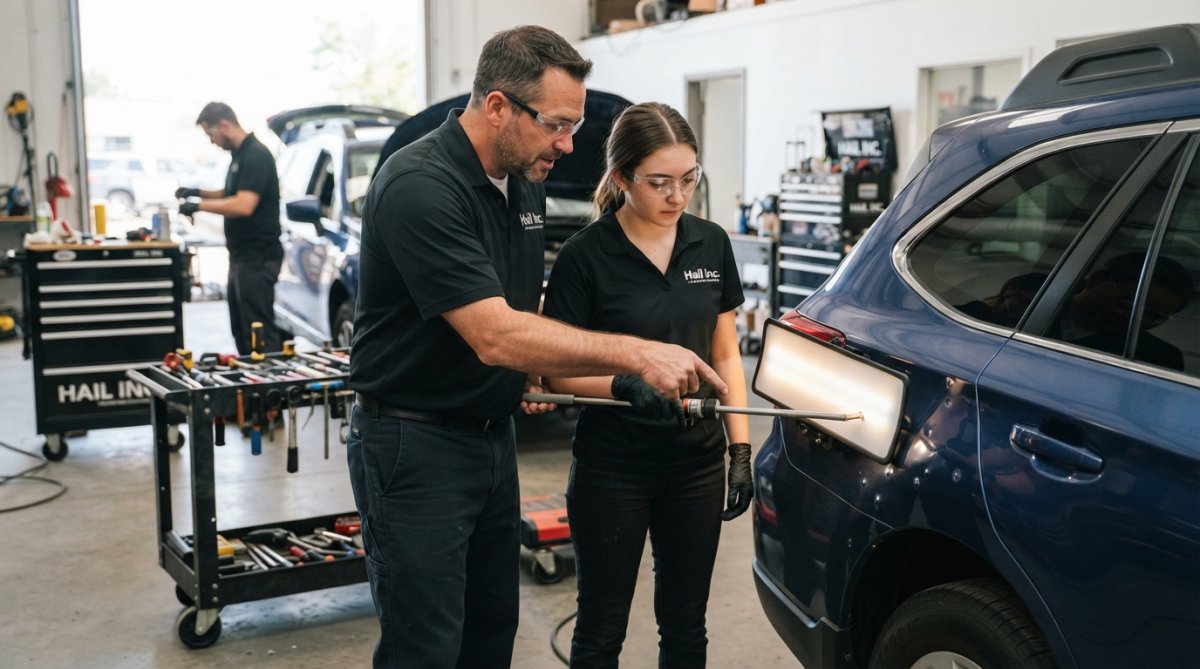 Professional technician using specialized tools to perform paintless dent repair on a vehicle panel, carefully accessing the dent from behind with precision instruments in a well-lit repair facility