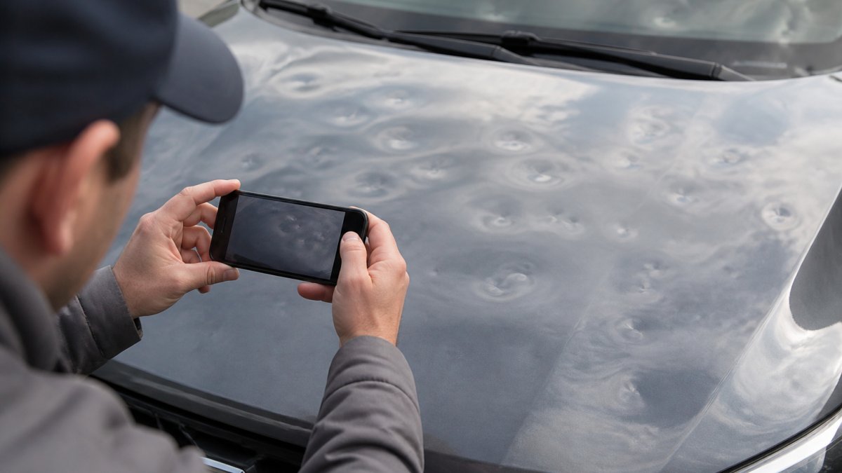 Vehicle owner photographing hail dents on car hood with smartphone, showing multiple damage patterns in natural daylight from close-up angle