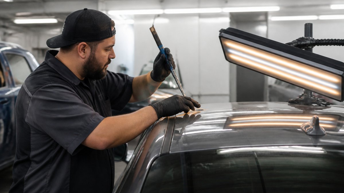 Technician using specialized tools for paintless hail damage repair on a vehicle roof in a professional shop
