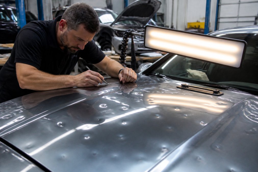 Professional auto body technician inspecting hail damage on vehicle hood with specialized tools and lighting in modern repair facility