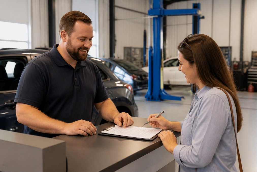 Customer service representative assisting vehicle owner at service counter with documentation and friendly consultation in modern auto repair facility