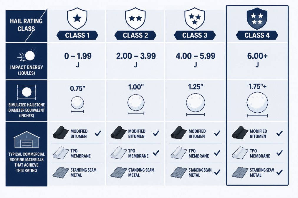 Comparison chart of hail resistant roofing classes 1 through 4 by impact energy and material type