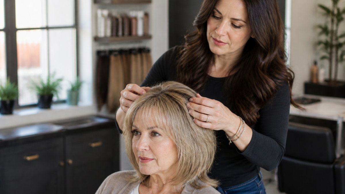 Professional demonstrating hair density treatments for women over 50 technique in modern clinical setting with natural lighting