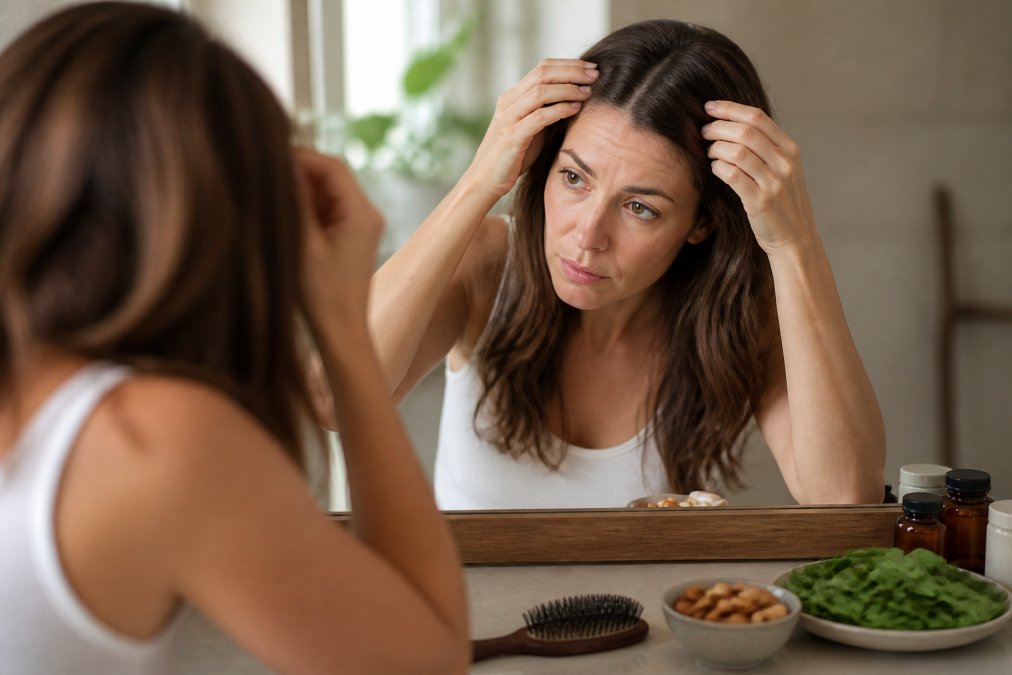 Woman examining her hair near nutritious food before considering hair growth supplements