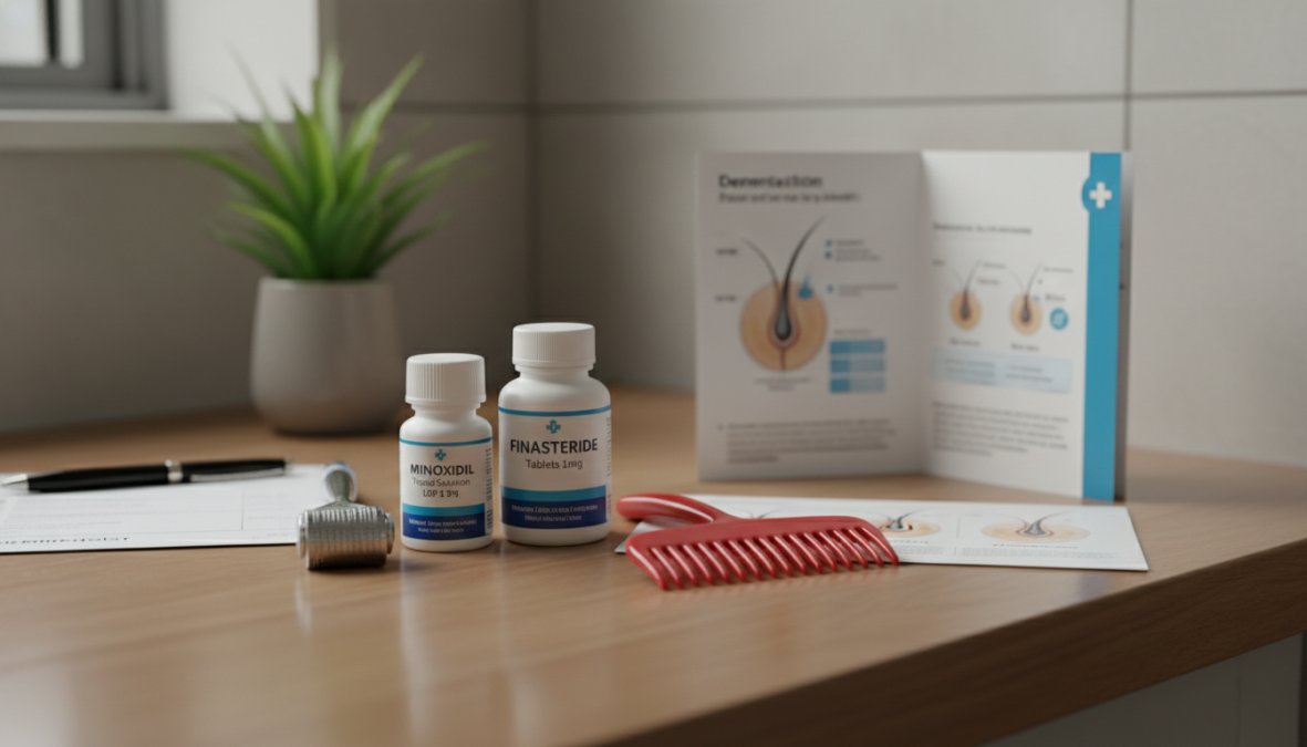 Close-up of a person's hand holding a small dropper bottle of topical minoxidil solution next to a blister pack of prescription pills on a clean white bathroom counter, photographed under bright natural light