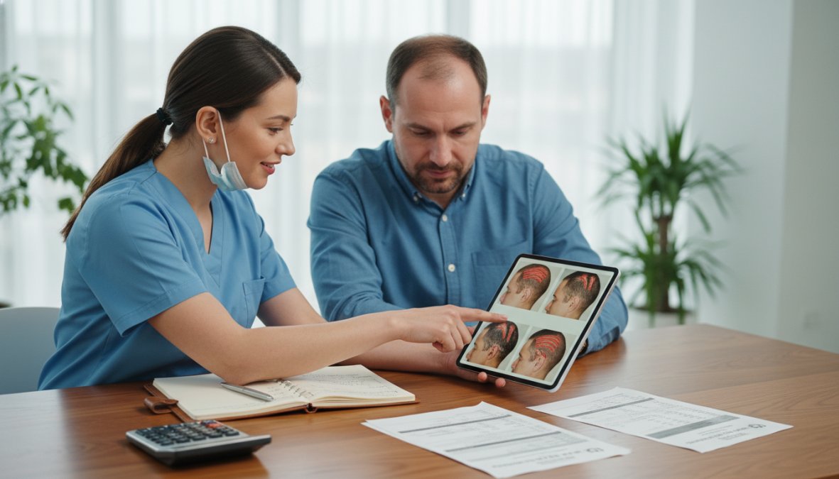 A medical professional in scrubs consulting with a male patient in a modern clinic, both looking at a tablet displaying scalp imagery, with bright clinical lighting and a clean white examination room in the background