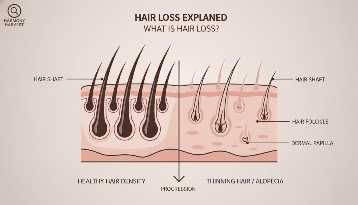 Close-up of a person's scalp showing hair follicles and varying hair density under natural lighting, demonstrating healthy scalp structure
