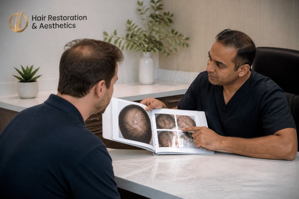 Specialist reviewing scalp analysis with a patient during a professional hair loss treatment consultation