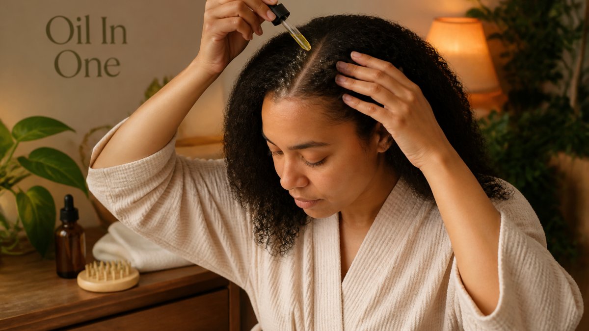 Person gently massaging oil into the roots of sectioned damp hair with fingertips under warm lighting