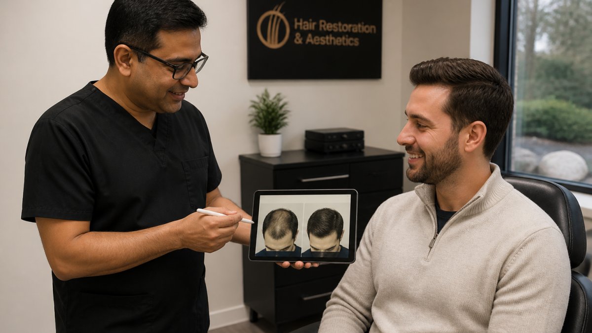 Professional demonstrating natural appearance and confidence weeks after FUE hair restoration procedure in modern clinical setting with natural lighting