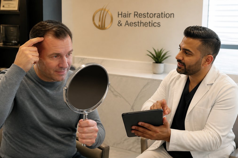 Physician explaining a hair restoration for men plan to a patient in a modern clinical consultation room.