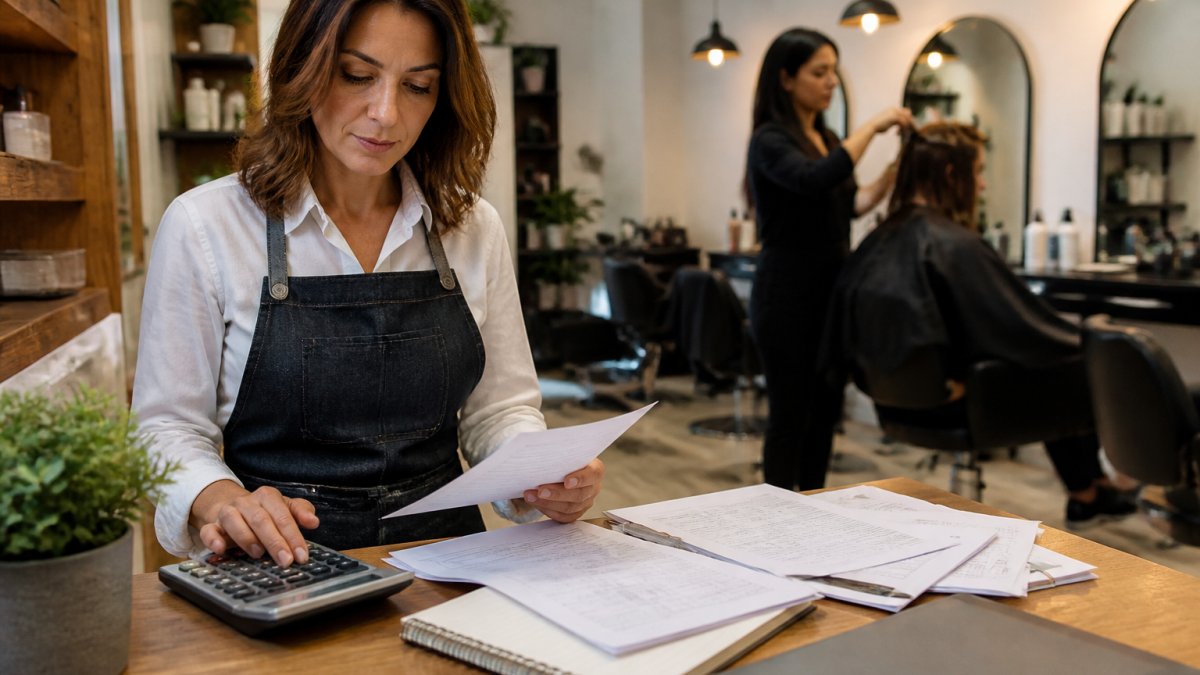 A salon owner in an apron reviewing insurance paperwork at the front desk, a stylist cutting a client's hair in the background under warm overhead lighting