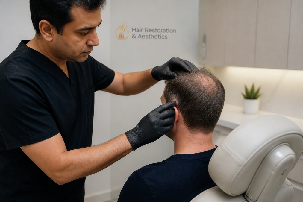 Professional physician examining donor and recipient scalp areas under clinical lighting during consultation, with patient seated in medical chair