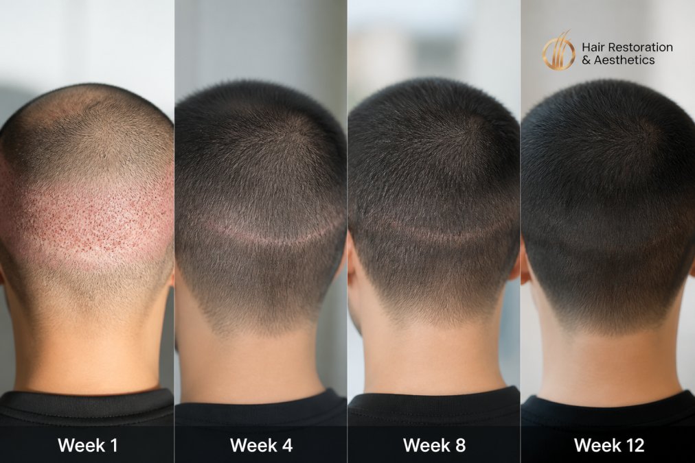 Close-up of healing scalp showing progressive reduction in redness and scar visibility over 12-week period, with emerging hair growth visible